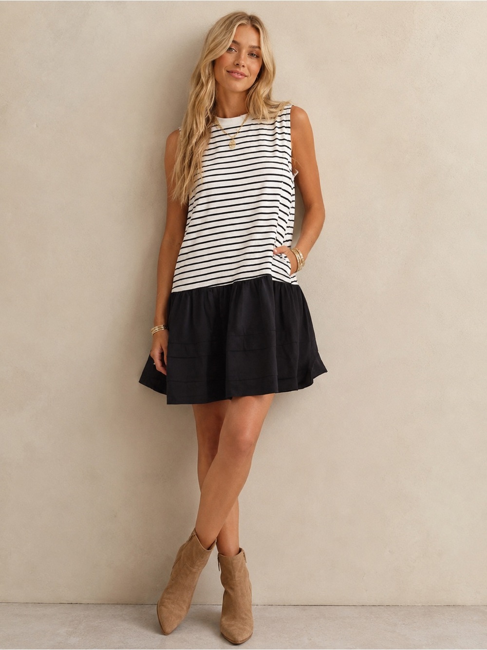 Boutique Black & Ivory Striped Sleeveless Mini Dress with Pockets